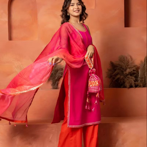 Ensemble Kurta Dhoop Chhaav en coton rose orange avec dupatta en mousseline imprimée, robe décontractée pour adulte, taille naturelle, ajouré - Product Image 1