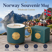 Mug à café en céramique souvenir touristique Norvège, design drapeau et bâtiment emblématique, badge métallique, pour porcelaine fine, personnalisation OEM ODM, vente en gros