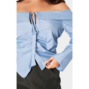 Camisa ajustada a rayas Bardot azul de alta calidad elegancia personalizada manga larga Casual/Party Back Logo-Tallas grandes verano primavera - Product Image 3