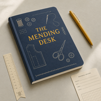 LABON Cuaderno de costura A5 personalizado para reparación de prendas, tapa dura azul marino con estampado dorado, lista de materiales para proyectos de reparación de prendas, bocetos de patrones