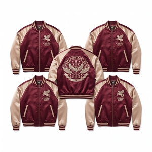 Wholesale Satin Bomber <b>Jacket</b> Black <b>Silver</b> Compass Embroidered Varsity Coat Front Zip Ribbed Trim Factory Direct - Product Image 4