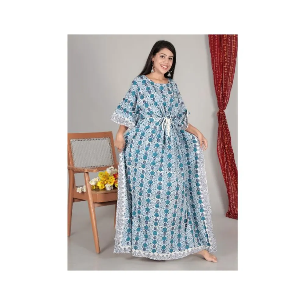 Indian Cotton Kaftan Traditional Islamic Hand Block Print 100% cotton Free Size Long Dress for Muslim Women Casual Wear Dress