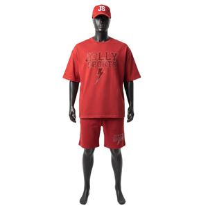 Men <b>Shirt</b> and Short Set Premium 180 GSM Cotton Jersey Fabric Red Color Rhinestone Heat <b>Press</b> Custom Logo Men's Jogging Short Set - Product Image 1