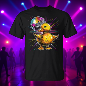 T-shirt unisexe adulte en coton noir 100% avec motif canard dansant et boule disco, idéal pour les soirées amusantes - Product Image 3