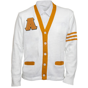 OEM personalizado clásico de la Hermandad de mujeres con cuello en V cárdigan bordado de punto a rayas Casual invierno suéter botón apliques logotipo frontal - Product Image 1