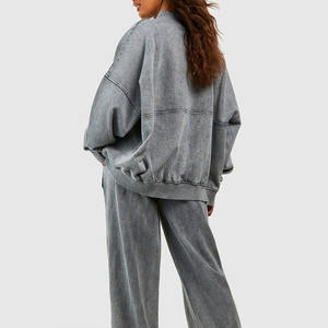 Conjuntos de 2 piezas para mujer 2025, conjunto de bombardero con cremallera de pierna recta larga lavada con ácido para mujer, Tops de algodón Vintage lavado de tendencia - Product Image 2