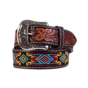 Most Popular Handmade Western Cowboy Genuine Leather Beaded Belt With Hand Carving Work Manufacturer and Wholesaler