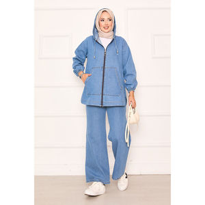 Ensemble en jean bleu pour femme avec fermeture éclair et poche kangourou - Product Image 4