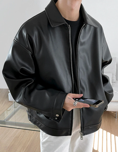 Veste en cuir PU personnalisée pour homme, respirante, streetwear, mode, vestes pour homme, design simple, vente en gros, veste zippée pour homme - Product Image 3