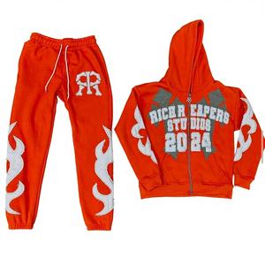 Conjunto de Sudadera con Capucha y Pantalones de Chándal Unisex Personalizado con Cremallera, Bordado de Retazos Desgastados, Estampado Ácido, Tallas Grandes para Hombre - Product Image 2