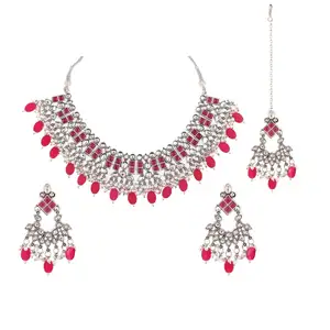Perhiasan Pengantin India Kristal Kundan Choker Kalung Produsen India Perhiasan Grosir Anting dengan Maang Tikka untuk Wanita