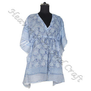 100% algodón caftán vestido de mujer bloque de mano estampado caftán corto para ocasiones casuales fiestas peso ligero Natural - Product Image 1