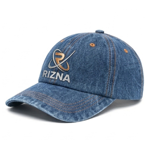 Casquette de baseball en denim RIZNA, 6 panneaux, réglable, unisexe, décontractée, vintage, délavée, logo brodé sur le panneau avant, bleu, coton, boucle métallique - Product Image 2