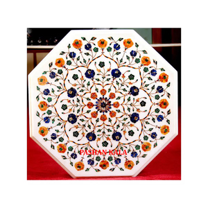 Marbre blanc de travail fait à la main pur de conception la plus attrayante avec la finition superbe du dessus de table d'incrustation de forme octogonale pour la décoration à la maison - Product Image 1