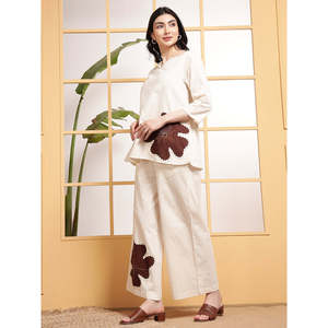 Deebaco Women's Cotton <b>2</b> <b>Piece</b> Co-Ord <b>Set</b> With Hand Embroidery Floral V-Neck Top And Ankle Length Pants Casual Summer Outfit - Product Image 4