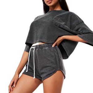 Conjunto de 2 piezas para mujer, Top corto personalizado informal Vintage lavado ácido, conjunto corto de dos piezas corto de algodón para mujer, entrenamiento 2026 - Product Image 2
