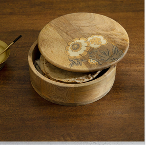 Boîte à rôtis en bois faite à la main couvercle et pince en émail vert en forme ronde de haute qualité boîte à chapati pour ustensiles de cuisine avec couvercle détachable - Product Image 2