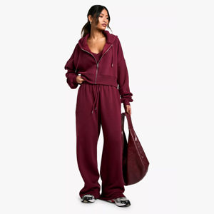 Ensemble de survêtement pour femmes, sweat-shirt court décontracté élégant de couleur bordeaux, pantalon large, tenue de détente d'hiver coupe-vent confortable - Product Image 1