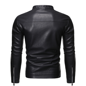 Men's Genuine <b>Leather</b> <b>Jacket</b> Stand Collar Zipper Closure Slim Fit Moto Style Autumn Wear Solid Black Regular Length Waterproof - Product Image 2