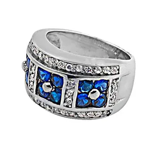 Women's <b>Statement</b> <b>Ring</b> with <b>Silver</b> Blue Sapphire Topaz Oval Cut Rhodium Plated Set with Pearl-Elegant Style - Product Image 3