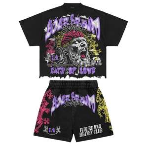 Camiseta y pantalones cortos con estampado de diamantes de imitación personalizados, ropa de calle, conjuntos de gimnasio para hombre, conjuntos cortos desteñidos al sol, lavado ácido de verano para hombre - Product Image 4