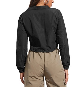 Veste coupe-vent pour femme à demi-zip avec cordon de serrage sur le bas, personnalisable, noire, courte, en gros - Product Image 2