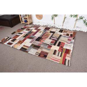 Alfombra turca Vintage moderna de 5,1x7,5 pies, beige clásico con diseño de retazos hecho a mano con respaldo de látex de piel de conejo sintética de lana - Product Image 3