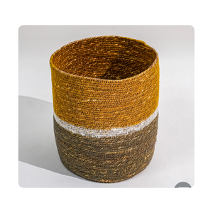 Panier jonc de mer tressé moutarde blanche tissé à la main H21 B20 cm organisateur de stockage naturel pour salon usage domestique et décoration - Product Image 6