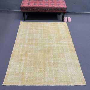 Vintage Turkish Rug, 4.4x5.8 ft Area Rug, <b>Yellow</b> Check Rug - Product Image 1
