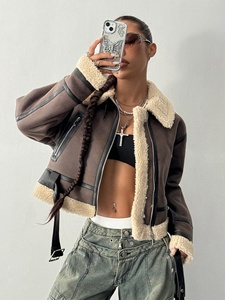 Femmes 2025 hiver Chic recadrée en peau de mouton veste Vintage à manches longues surchemise fermeture à glissière vêtements d'extérieur décontractés mode - Product Image 3