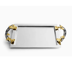 Nouveau plateau brillant poli de forme carrée décoratif en acier inoxydable de luxe avec poignées de fleur en laiton - Product Image 1