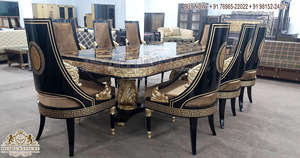 Juego de mesa de comedor de madera maciza tallada de lujo con sillas Juego de mesa de comedor de madera de teca de lujo de 6 plazas Juego de comedor de madera pulida dorada - Product Image 6