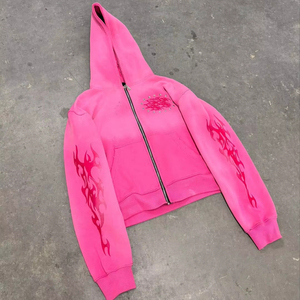 Sweats à capuche surdimensionnés personnalisés pour hommes en éponge lourde délavé à l'acide Double fermeture éclair Rhinestone Distressed Rip brodé Streetwear - Product Image 1