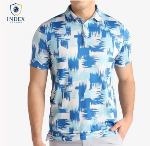 เสื้อโปโลแขนสั้นผู้ชายลายเรขาคณิตสีน้ำเงิน ยี่ห้อ Index Apparel ทรงลำลอง แห้งเร็ว ผลิตจากผ้าโพลีเอสเตอร์ทอ - Product Image 1