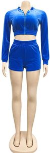 Wholesale <b>Women's</b> Luxury Crop <b>Top</b> <b>Low</b> Inseam High Waist Shorts Trending <b>Cut</b> Sew Velvet Solid Two Piece Tracksuits Sets - Product Image 6