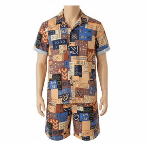 Ensemble de shorts imprimés pour hommes sur mesure - Motif ethnique tribal géométrique, tenue décontractée d'été en 2 pièces - Product Image 4