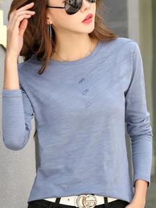 เสื้อยืดคอกลมแฟชั่นลำลองทรงหลวมของผู้หญิงสำหรับ2025ฤดูใบไม้ร่วงฤดูหนาวผ้าคอตตอนกระดุมปิดแขนยาวผ้าเทอร์รี่ - Product Image 2