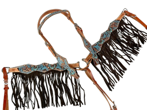 EquiElite Exports - Conjunto de arreos de cuero repujado floral en azul verdoso y marrón, con flecos de gamuza marrón, cabezada y pechera estilo western para espectáculos ecuestres - Product Image 4