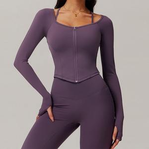 Chaqueta de entrenamiento de gimnasio con logotipo personalizado para mujer con manga larga y cremallera Patrón sólido Fitness Deportes Correr Ropa de yoga-Venta al por mayor - Product Image 5