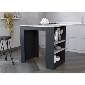 Chariot de cuisine Doyle avec trois étagères latérales, noir/bois de chêne, îlot de cuisine en marbre Ibiza - Product Image 1