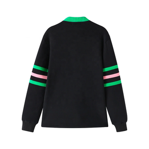 A | Cardigan en molleton à rayures noires et vertes avec lettres brodées en chenille KA - Product Image 2