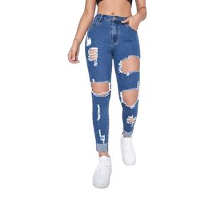 Pantalones vaqueros de Mujer rectos rasgados de alta calidad ajustados de diseñador personalizados para damas pantalones sueltos azul claro proveedor de BD - Product Image 1