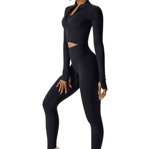 Hot sale Soft long Sleeve Yoga Sets <b>Workout</b> 3 Piece Yoga Set With <b>Jacket</b> Full Zip Fitness Yoga Sets - Product Image 2