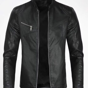 Veste en toile et cuir vintage chic décontractée, col mandarin, doublure en coton, fermeture éclair, coupe-vent et respirante pour hommes et femmes - Product Image 1