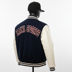 Veste universitaire en laine de haute qualité 350GSM avec manches en PU crème Corps bleu marine Patchs personnalisés Broderie Design Veste universitaire pour hommes - Product Image 5