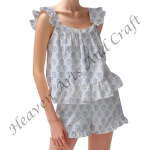 Women Summer Nightwear Shorts Pajama Set Stylish Spring/Summer Floral Fitted Strappy Ruffle <b>Trim</b> Sleeves PJ Set - Product Image 3