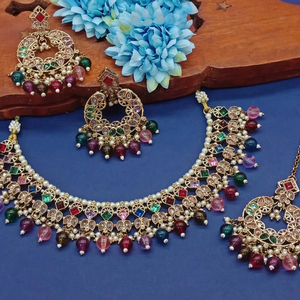 Conjunto de joyas chapadas en oro Kundan tradicional indio y conjunto de collar de cobre para mujeres y niñas accesorios indios joyería Mujer - Product Image 1