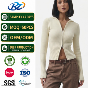 Cardigan en <span class=keywords><strong>tricot</strong></span> côtelé mélange de <span class=keywords><strong>laine</strong></span> pour <span class=keywords><strong>femme</strong></span>, couleur crème, coupe ajustée, fermeture bidirectionnelle, avec capuche, style sportif, <span class=keywords><strong>veste</strong></span> courte, vêtement d'extérieur - Product Image 1