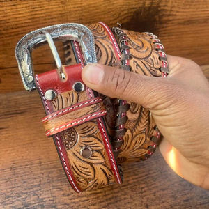 Gran oferta, hebilla de Metal grabada, cinturón de cuero genuino marrón oscuro, cinturones de girasol con herramientas de cuero de grano completo Unisex occidental Premium - Product Image 2