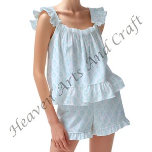 Hand Block Printed Cotton Shorts <b>Pajama</b> Set Ladies Floral <b>Summer</b>/Autumn Vacation Fitted Strappy Ruffle Trim Sleeves PJ Set - Product Image 3